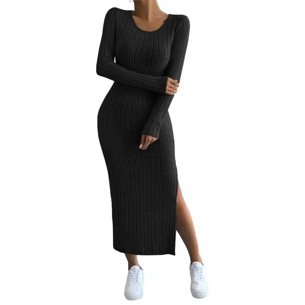 

knitted slit dress Slim Skinny Long Sleeve Round Neck Striped Knitted Tight Waist Mid-calf Length Sexy dresses for Women