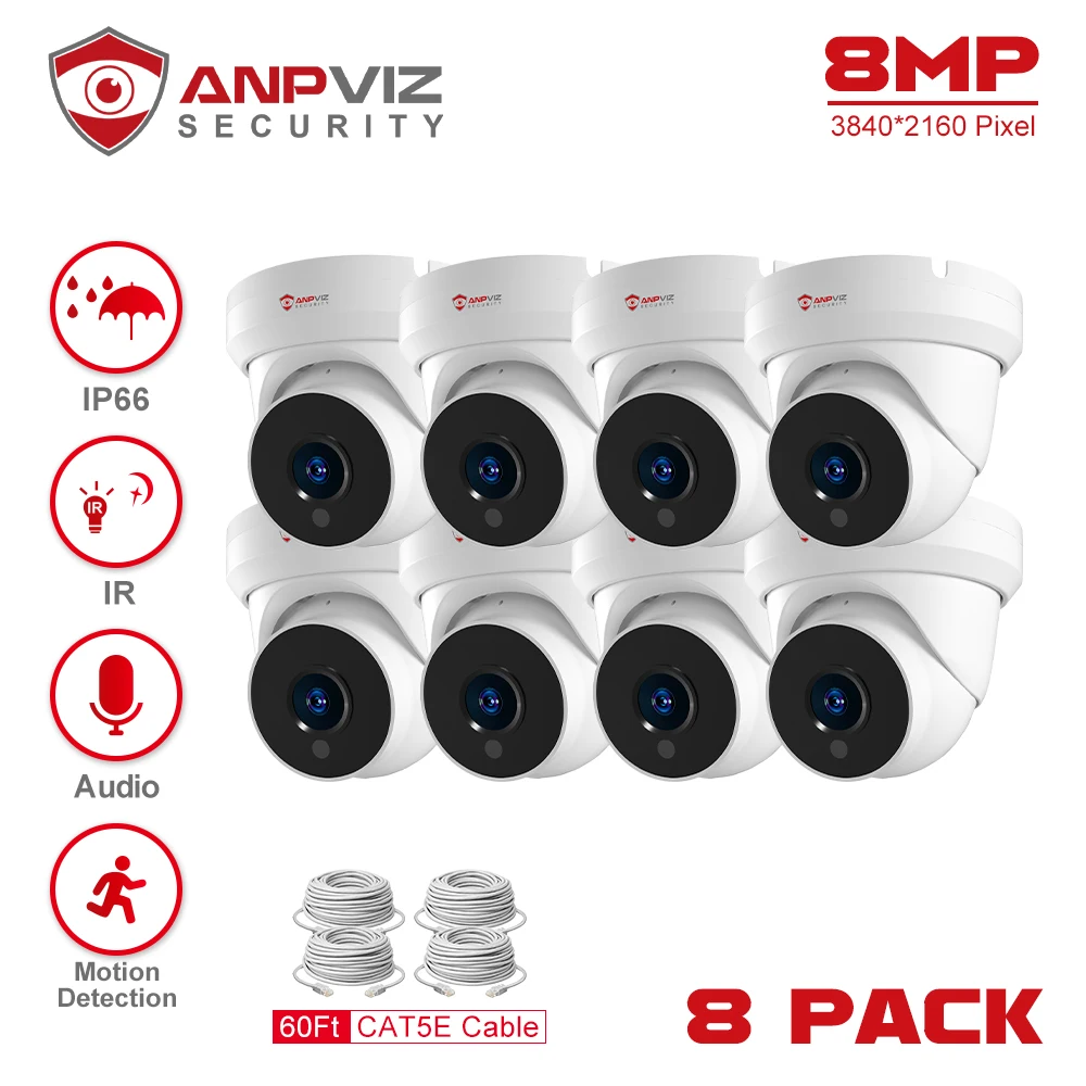 Anpviz 8MP POE IP Camera 8PCS Outdoor Security  Video Surveillance Turret Camera Motion Detection P2P View Danale Built-in Mic anpviz 8ch 4k nvr 4 6 8pcs 5mp ip ptz 12x zoom camera poe ip security system kit audio ip camera indoor outdoor p2p ip66 ir30m