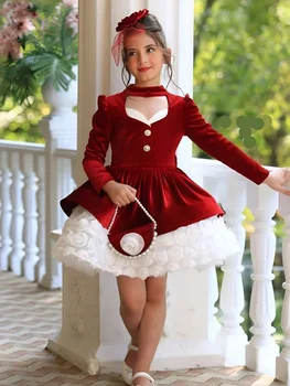 Customized Red Flower Girl Dresses for Wedding Bow Beaded Knee Length First Communion Kids Birthday Party Gown Party Dress 1