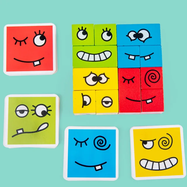 Cartoon Cube Face Changing Building Blocks Board Game Wooden Puzzle Montessori Toy Anxiety Stress Relief Toys For Children Kids 5