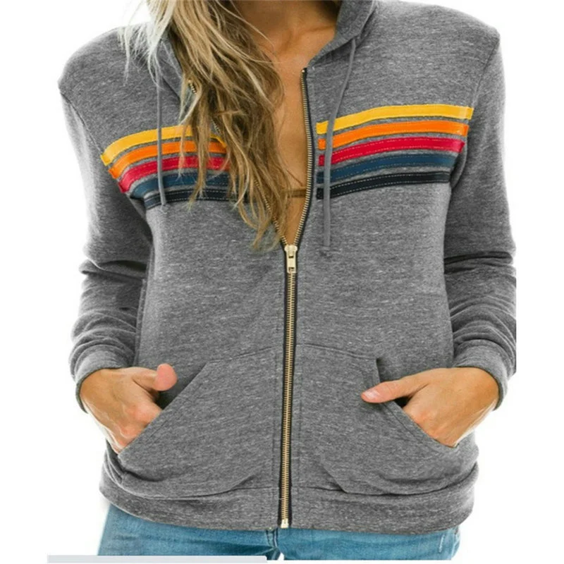 2024 AVIATOR NATION Women\'s 5 Stripe Rainbow Long Sleeve Zip-up Stitch Pullover Breathable Hoodies Sweatshirt