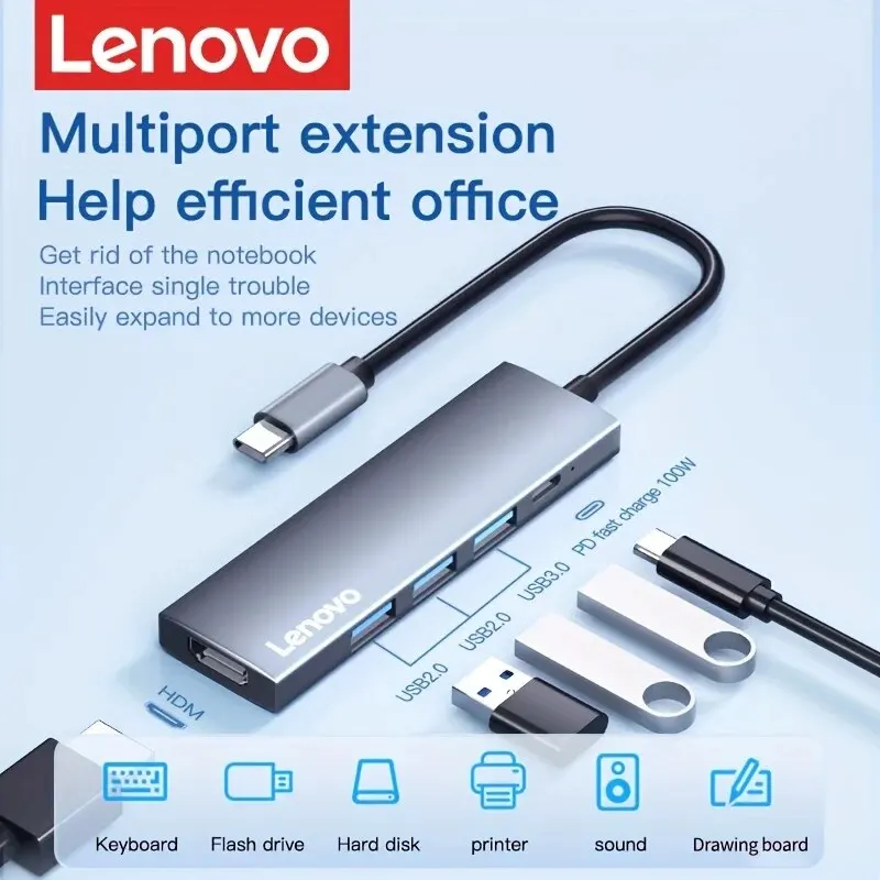 Usb hub adapter Lenovo 5 in 1 USB C Hub 4K HDMI 100W Power Delivery 3 USB-A Data Ports Multiport Adapter MacBook Pro/Air