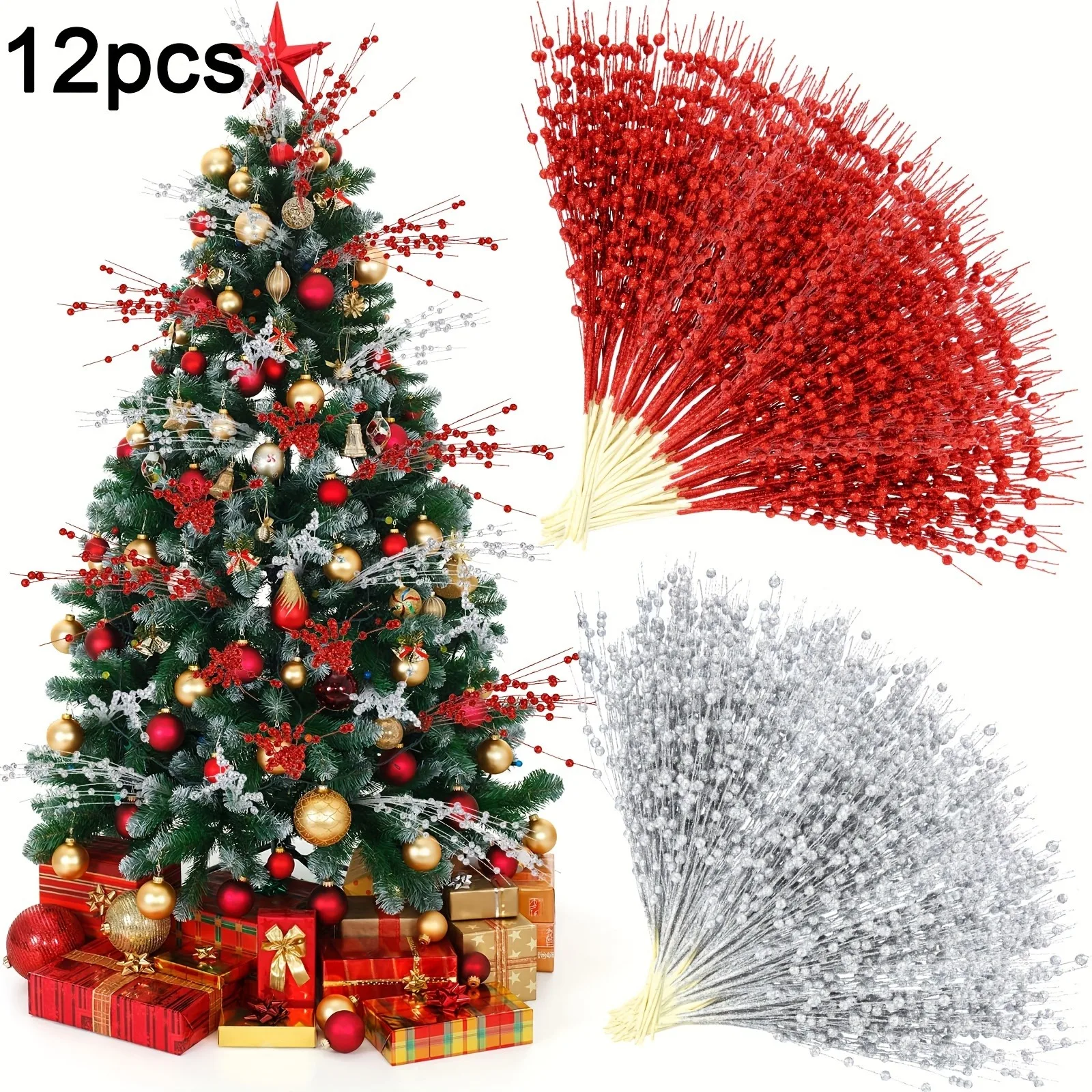 6/12 Stück glitzernde künstliche Beerenstrauß Weihnachtsdekoration Weihnachtsbaumschmuck für Zuhause Zimmer Vase Dekor Neujahr 2026 Geschenke – Detail 5