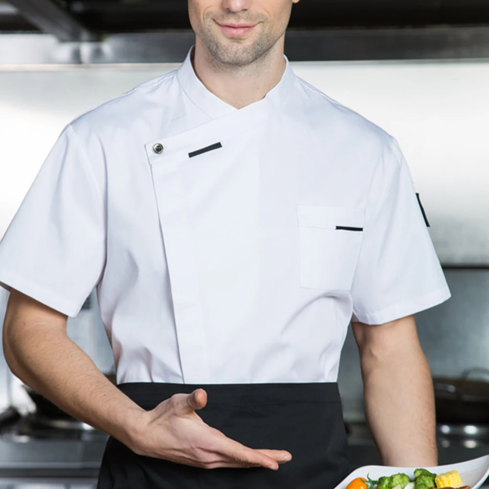 Unisex Chef Uniform Kitchen Hotel Cafe Cook Work Clothes Short Sleeve Breathable Shirt Double Breasted Chef Jacket Tops For Male kitchen chef uniform breathable single breasted food service jacket unisex restaurant hotel pastry cook wear work wear uniforms