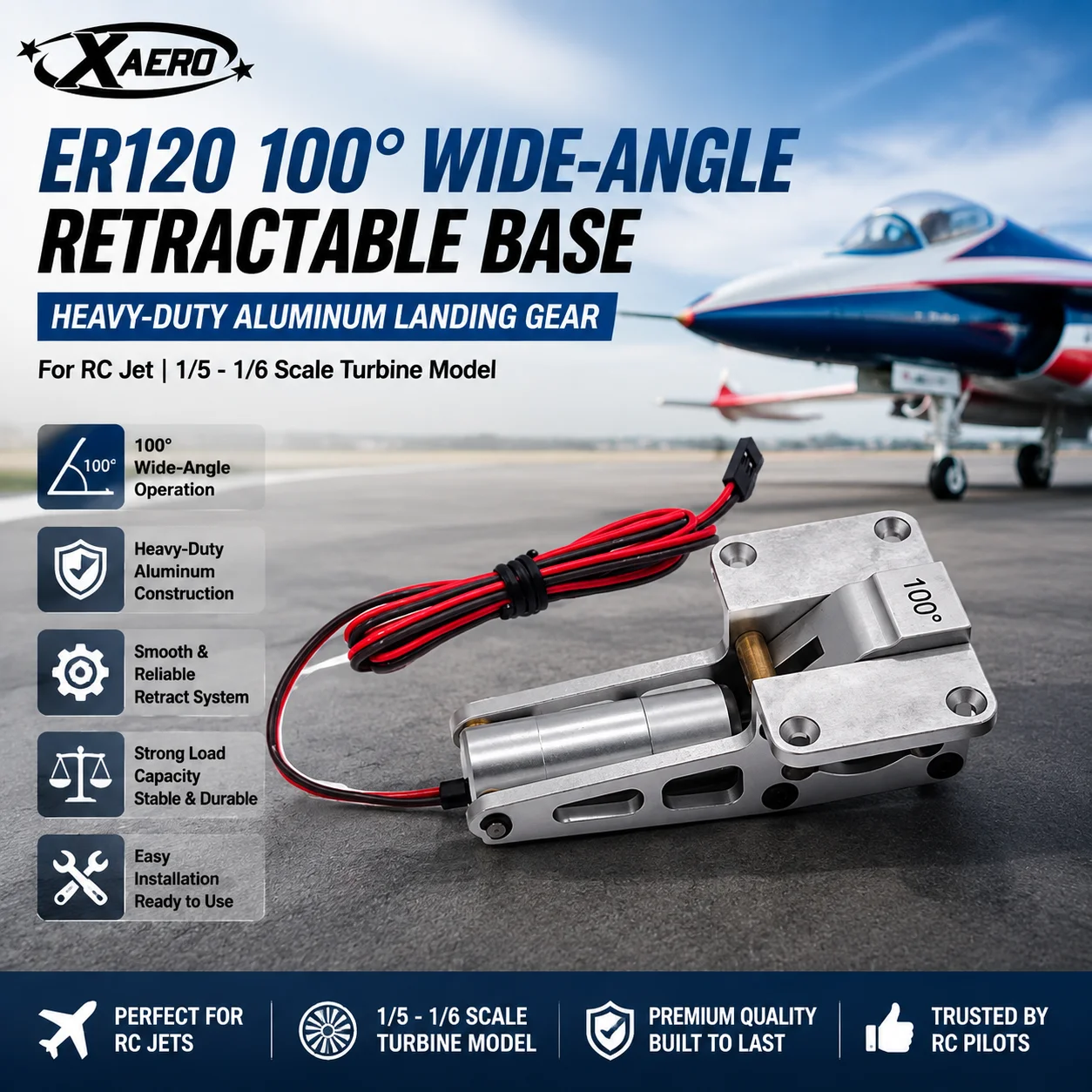 XAERO ER 120 100 ° Weitwinkel-Einziehbarer Sockel, robustes Aluminium-Fahrwerk für RC Jet, Turbinenmodell im Maßstab 1:5-1/6