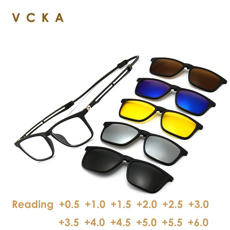 VCKA Reading Prescription Glasses Sunglasses Square 5+1Clip