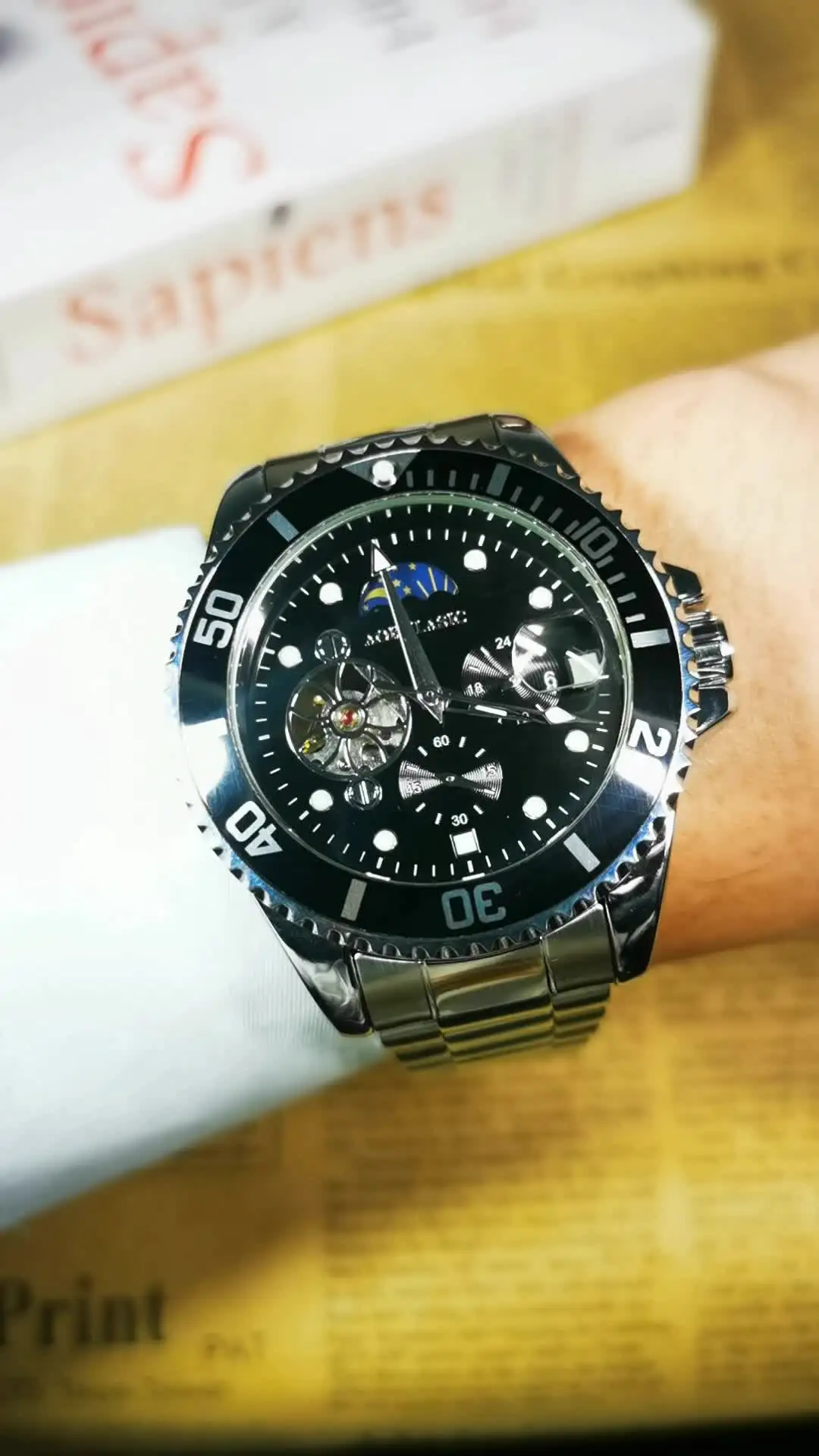 Mens Self-Wind Tourbillon Mechanical Luxury Moon Phase Stainless Steel