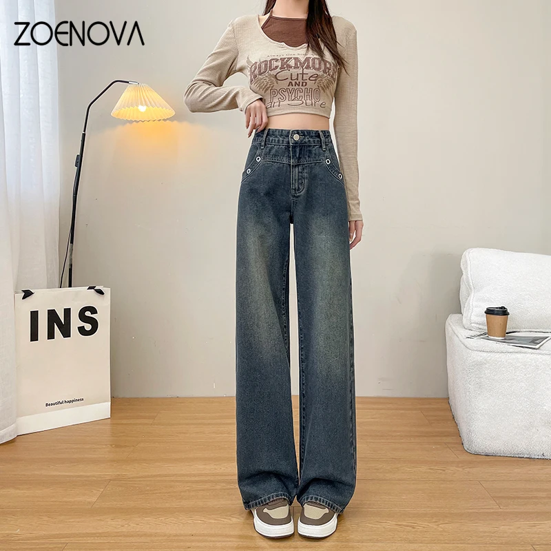 

ZOENOVA Spring New Harajuku Street Y2K Women's Jeans Retro High Waist Straight Wide Leg Pants Fine Quality Casual Denim Trousers