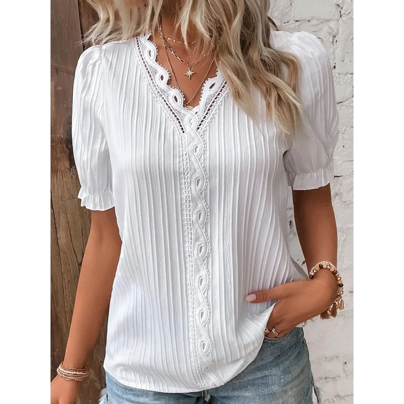 

Women's blouse shirt yellow-green bow white plain lace short sleeve casual basic V neck uniform