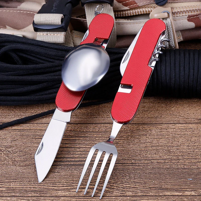 

Tablespoon Set 4 In 1 Foldable Spoon Knife Fork Bottle Opener Stainless Steel Folding Pocket Kits Outdoor Tableware Set