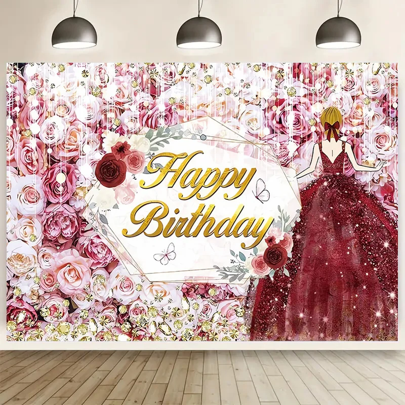 

SHENGYONGBAO Happy Birthday Photography Backdrops For Girl Quinceanera Pink Rose Gender Reveal Studio Background Props VV-115