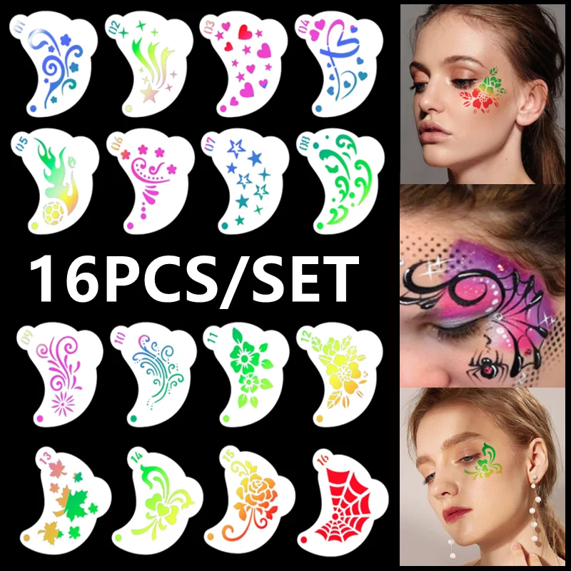 16Pcs 페이스 페인팅 아트 스탬프용 스텐실 임시 문신 그리기 재사용 가능한 페인트 템플릿 휴일 DIY 낙서 창의적인 도구