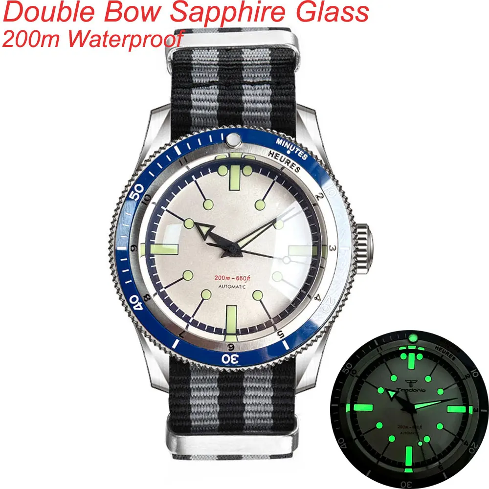 Tandorio 200m Waterproof White/Black Dial Lume 40mm Automatic Japan NH35A PT5000 Men Watch Double Bow Sapphire Glass Nylon Strap cantik fashion design square automatic buckle metal quality nylon