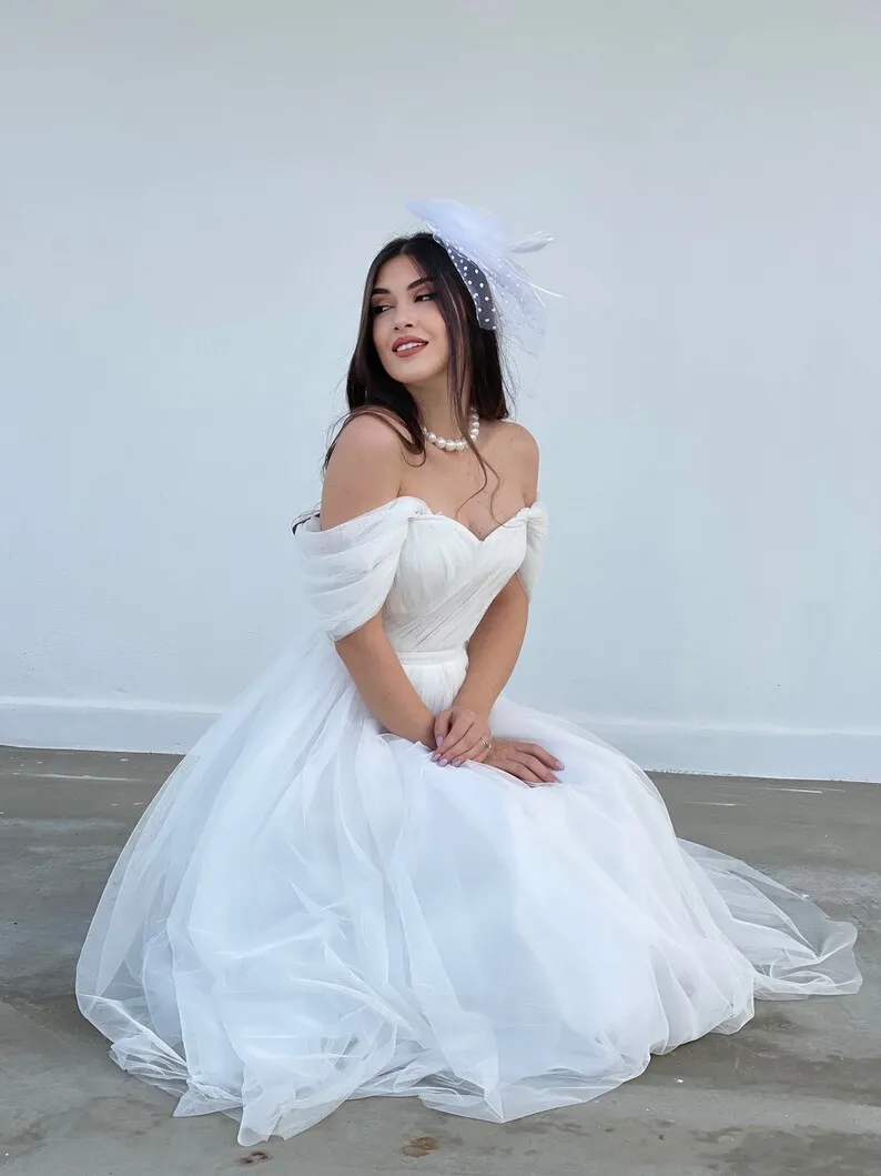 Tule fora do ombro vestidos de noite, vestido de noiva comprimento