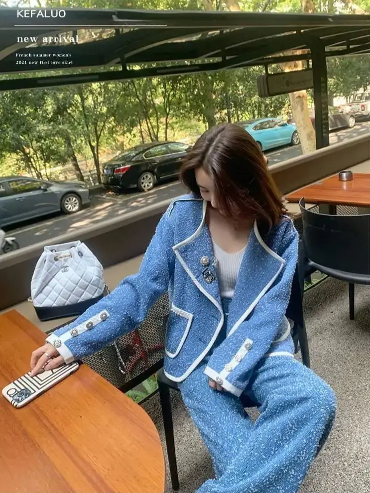 Korea Trouser Jacket Suits Women'S Fashion Ladies Blue Lapel Coat + Long Wide-Leg Pants Two-Piece Sets Female