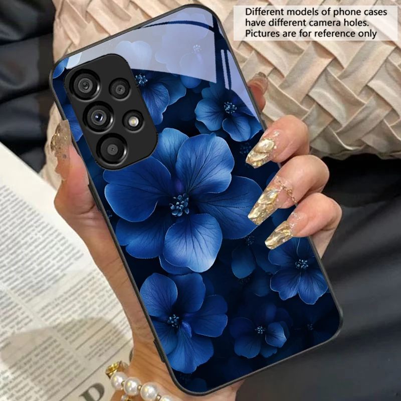 Blue and White Floral Black Tempered Glass Phone Case