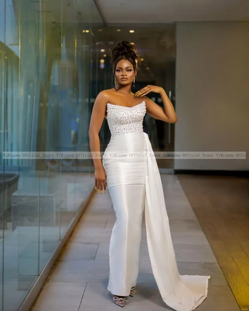 Elegant Satin Wedding Dresses for Bride African Wedding Reception Gowns  Strapless Corset Back Vent Ankle Length Pearls Beading - AliExpress
