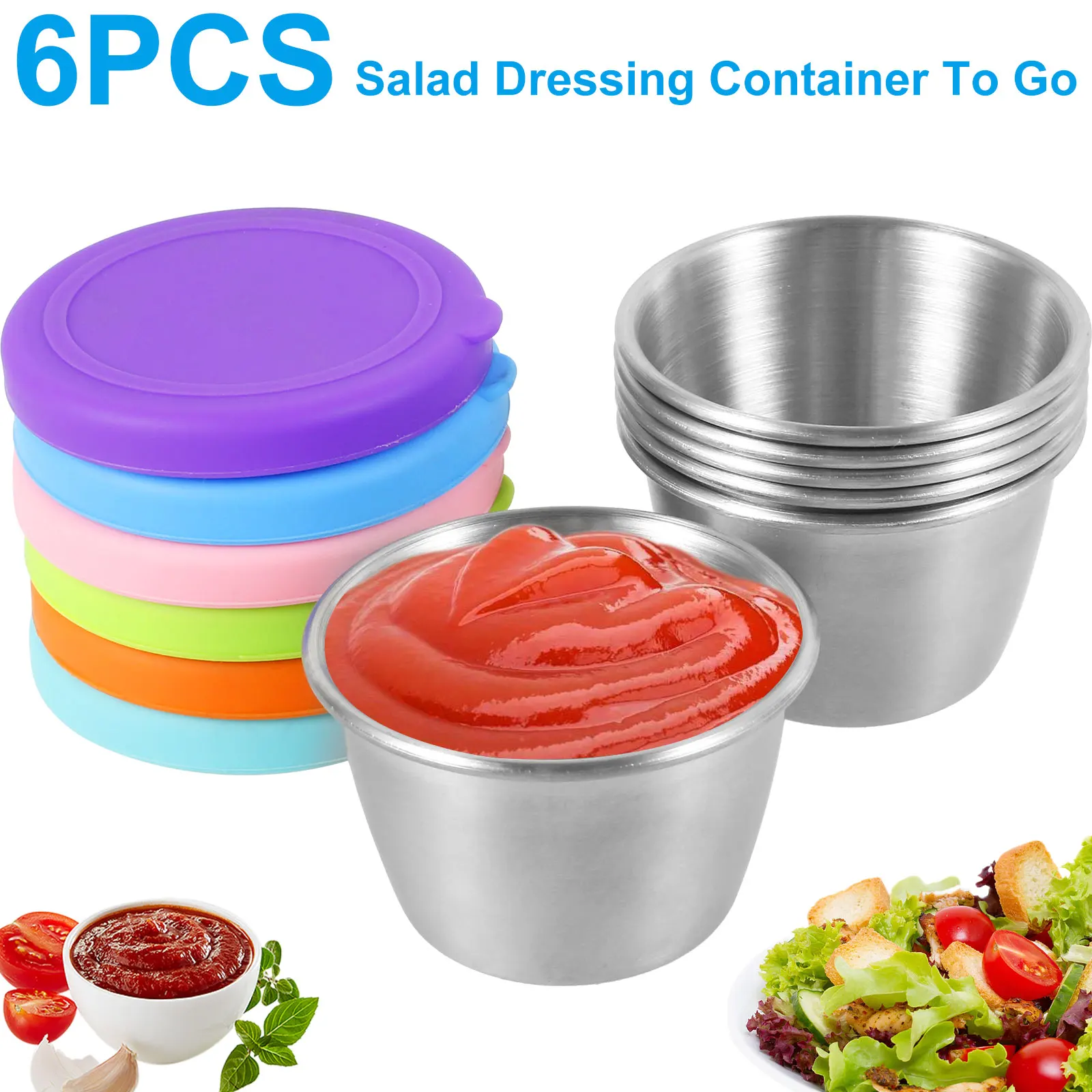 

6Pcs 2.4 oz Salad Dressing Container Portable Stainless Steel Small Condiment Containers with Silicone Lids Leakproof Dipping