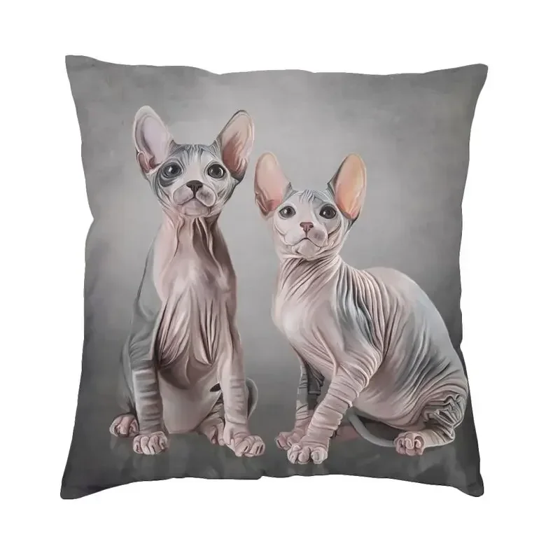 

Drawing Two Cats Sphynx Cushion Cover 45x45 Decoration Print Hairless Cat Throw Pillow for Living Room Double Side