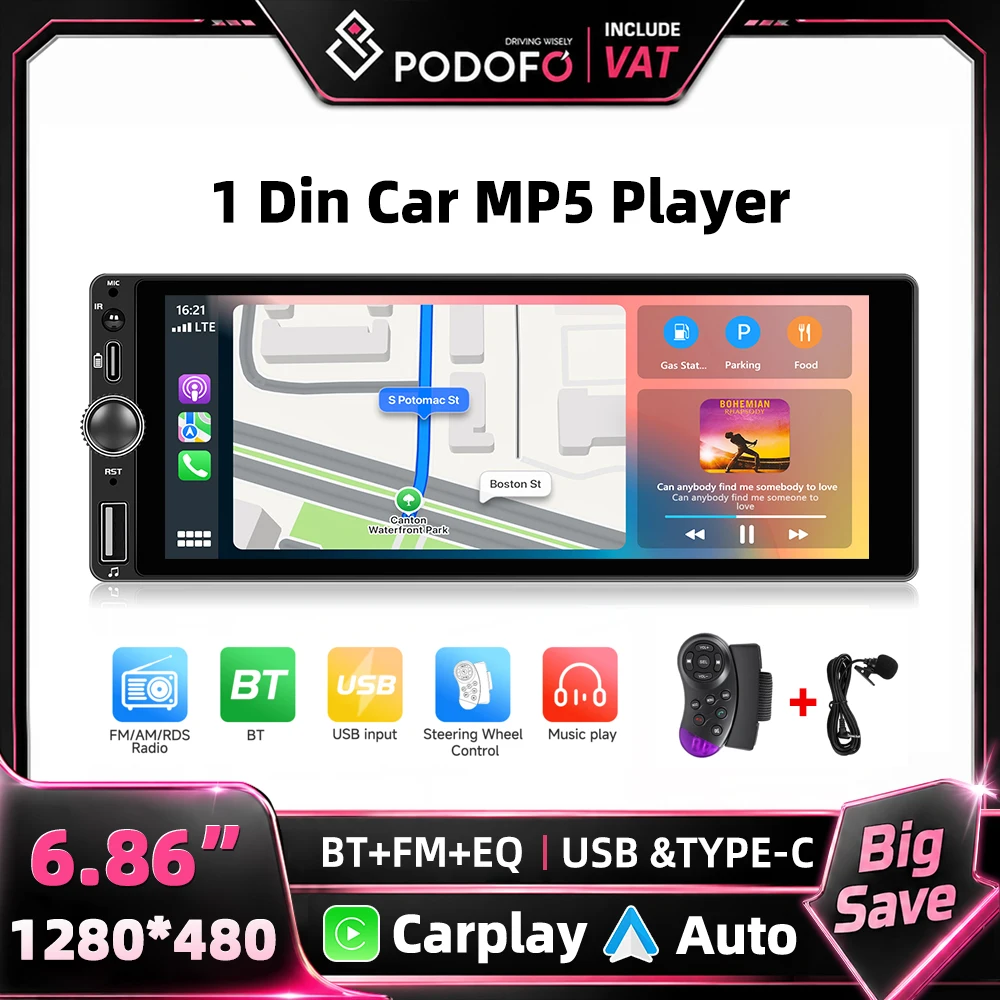 Reproductor Multimedia para coche Podofo 1Din Android, estéreo para coche de 6,86 pulgadas con función Carplay, autorradio profesional para modificación de coches VW Nissan Toyota Honda KIA 1