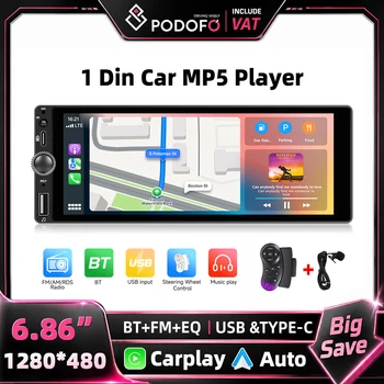 Reproductor Multimedia para coche Podofo 1Din Android, estéreo para coche de 6,86 pulgadas con función Carplay, autorradio profesional para modificación de coches VW Nissan Toyota Honda KIA 1