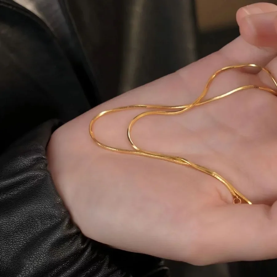 9999 real gold 24K yellow gold snake bone chain necklace simple temperament clavicle chain