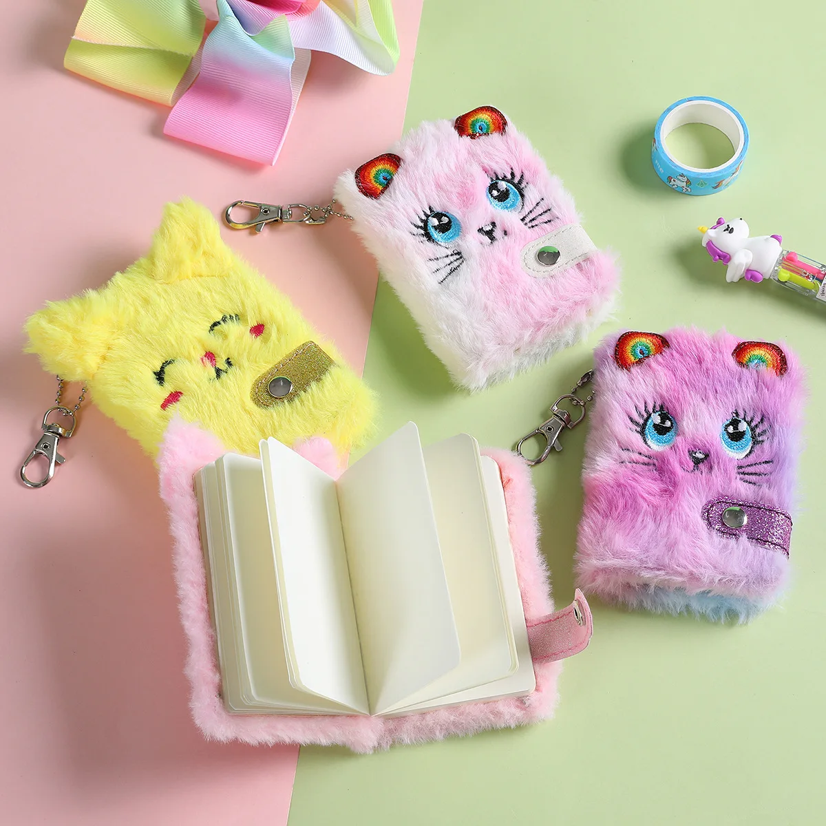 Carnet De Notes Peluche Avec Porte-clés - Mini Journal Intime Pour Fille, Motifs Mignons