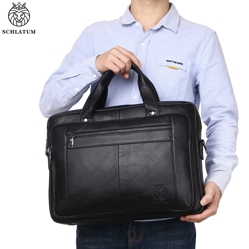 SCHLATUM Genuine Leather 16inch Briefcase Laptop Handbag Cow Leather Messenger Bag Office Computer Bag Male Black Business Bags