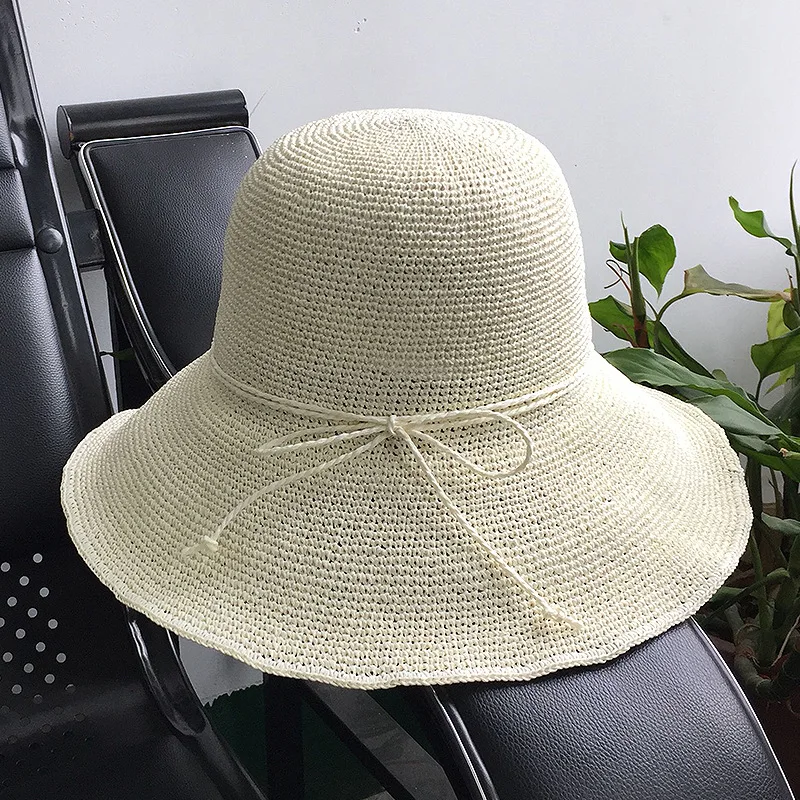 Paper Straw Beach Sun Hat Women Handmade Crochet Straw Hat Ladies Spring Summer Bucket Big Brim Foldable Floppy Cap sun hat sun protection hat
