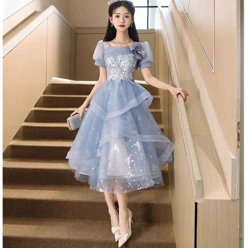 Blue Short Evening Dresses With Puff Sleeve Fashion Square Collar Vestido De Noche Sweet Lace Applique Tulle Suknie Wieczorowe