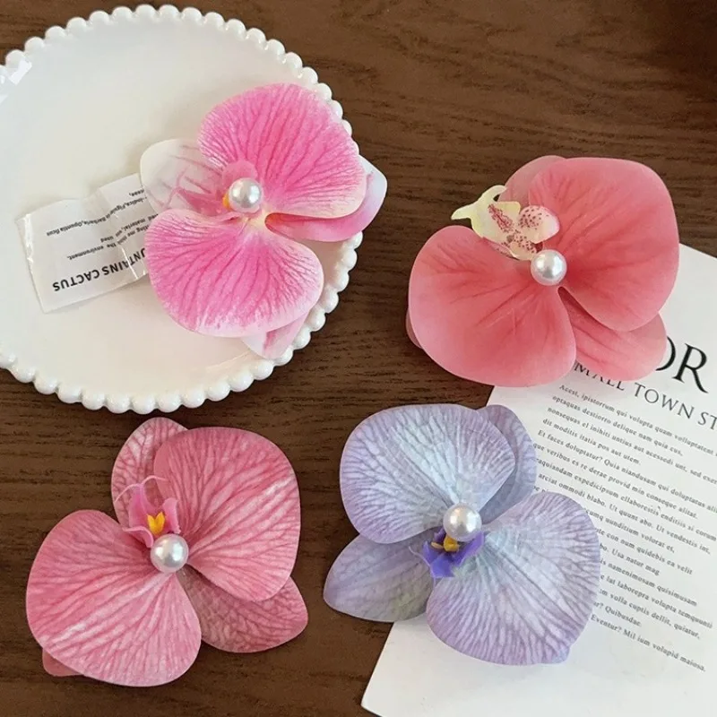 Pearl Flower Hair Clip Butterfly Orchid Cloth Girl Hair Clip Duckbill Clip Seaside Vacation Headwear Orchid Flower Hairpin