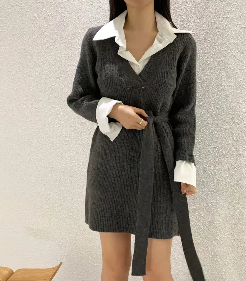 Korean Chic Mini Dresses Women Turn-down Collar Long Sleeve Shirt Patchwork Autumn Winter Knitted Dress Casual Fashion Vestidos