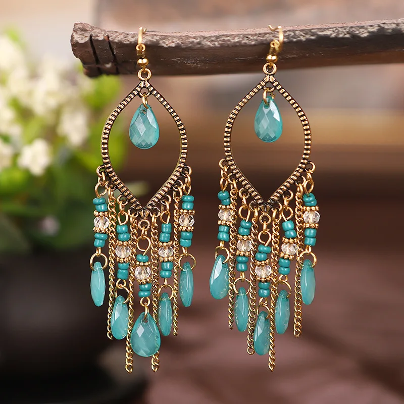 Bohemian Ethnic Long Blue Acrylic Crystal Water Drop Earrings for Women Retro Temperament Geometric Dangle Earrings Jewelry - Image 3