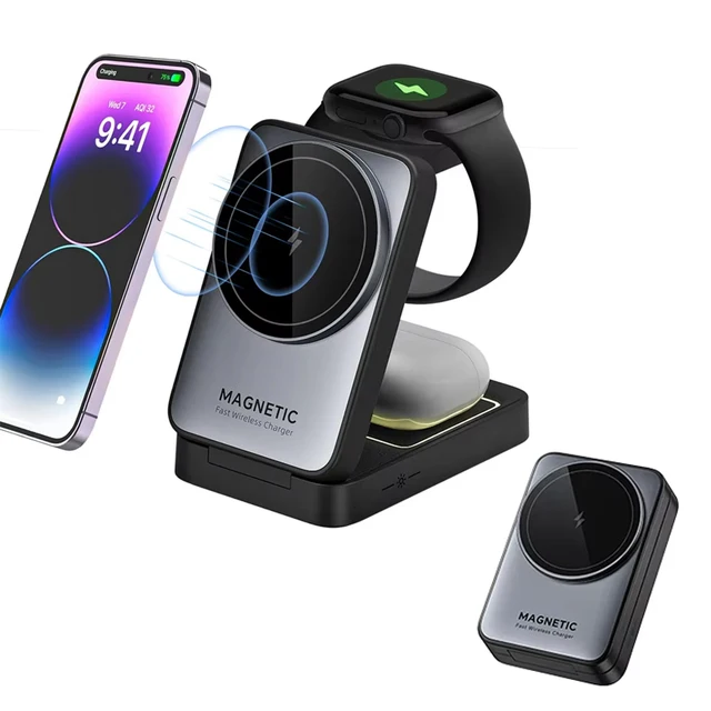 Support de chargeur magnétique sans fil, Magsafe, iPhone 12, 13, 14, 15, Apple Watch 2-8, Airpods Pro, Station de charge rapide pliable, 3 en 1 1