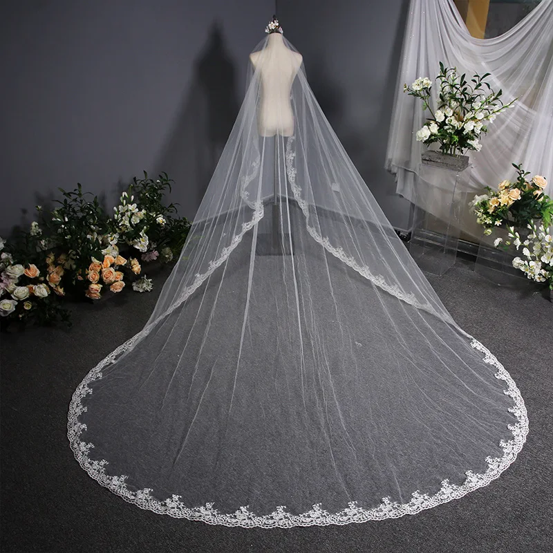 

Женская свадебная фата, Длинная свадебная фата цвета слоновой кости с кружевной каймой, 2024