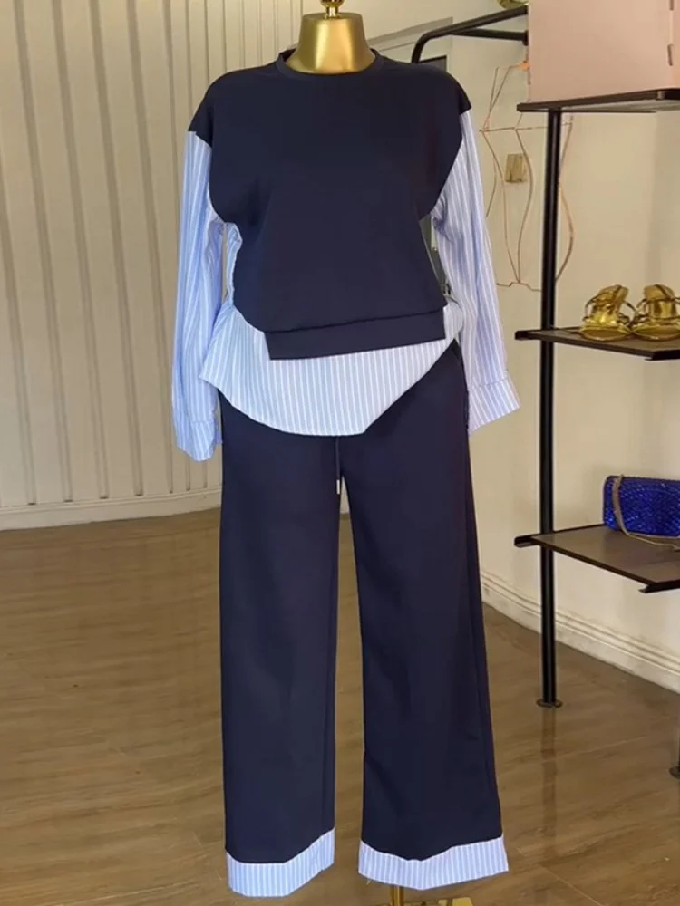 Wmstar Two Piece Set Women Wholesale Woman 2025 Summer New Fashion Round Neck Striped Top High Waisted Trousers Casual Suit