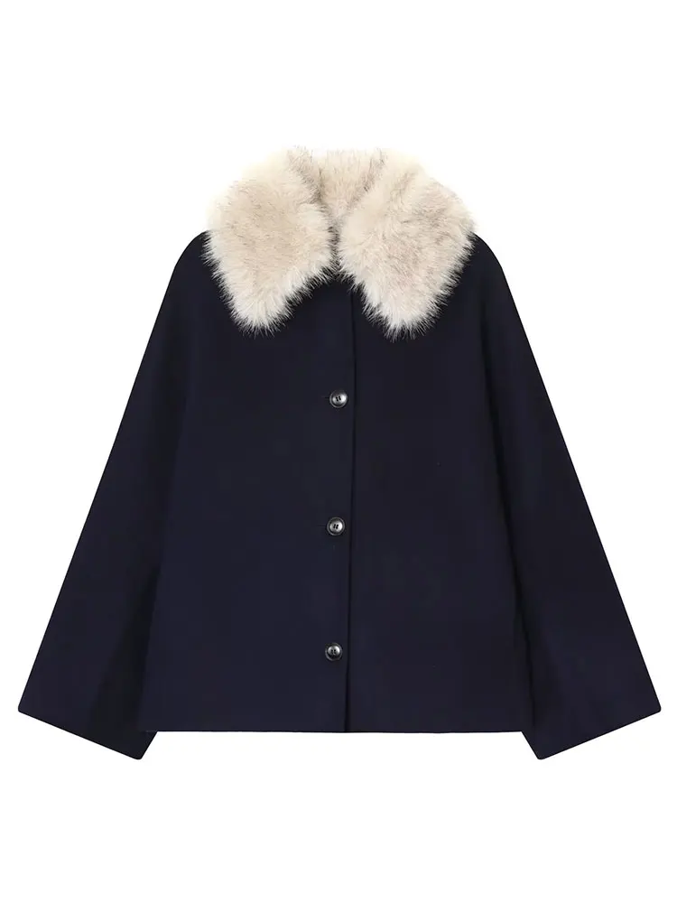 HH Women Fashion Faux Fur Lapel Woolen Coat Elegant Solid Long Sleeve Single Breasted Jackets Autumn Winter Lady Street Outwear