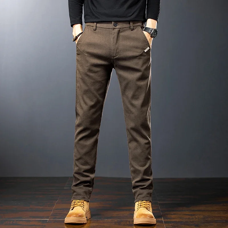 Autumn Men's Slim Casual Pants  Cotton Business Straight Twill Elastic Male Trousers Brand Fashion Korean Coffee Black Gray 2