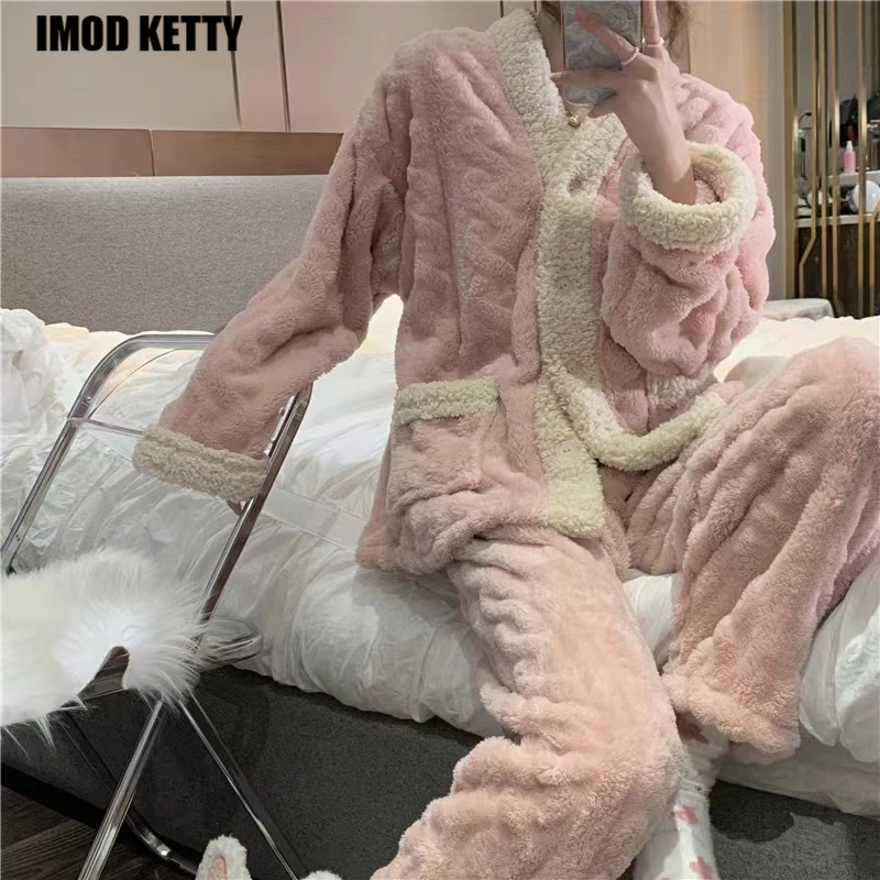 

Women's Pajamas Thicken Long Sleeve Female Sleepwear Two-piece Set Fleece Warm Womens Winter Pajamas New Korean Winter Keep Warm