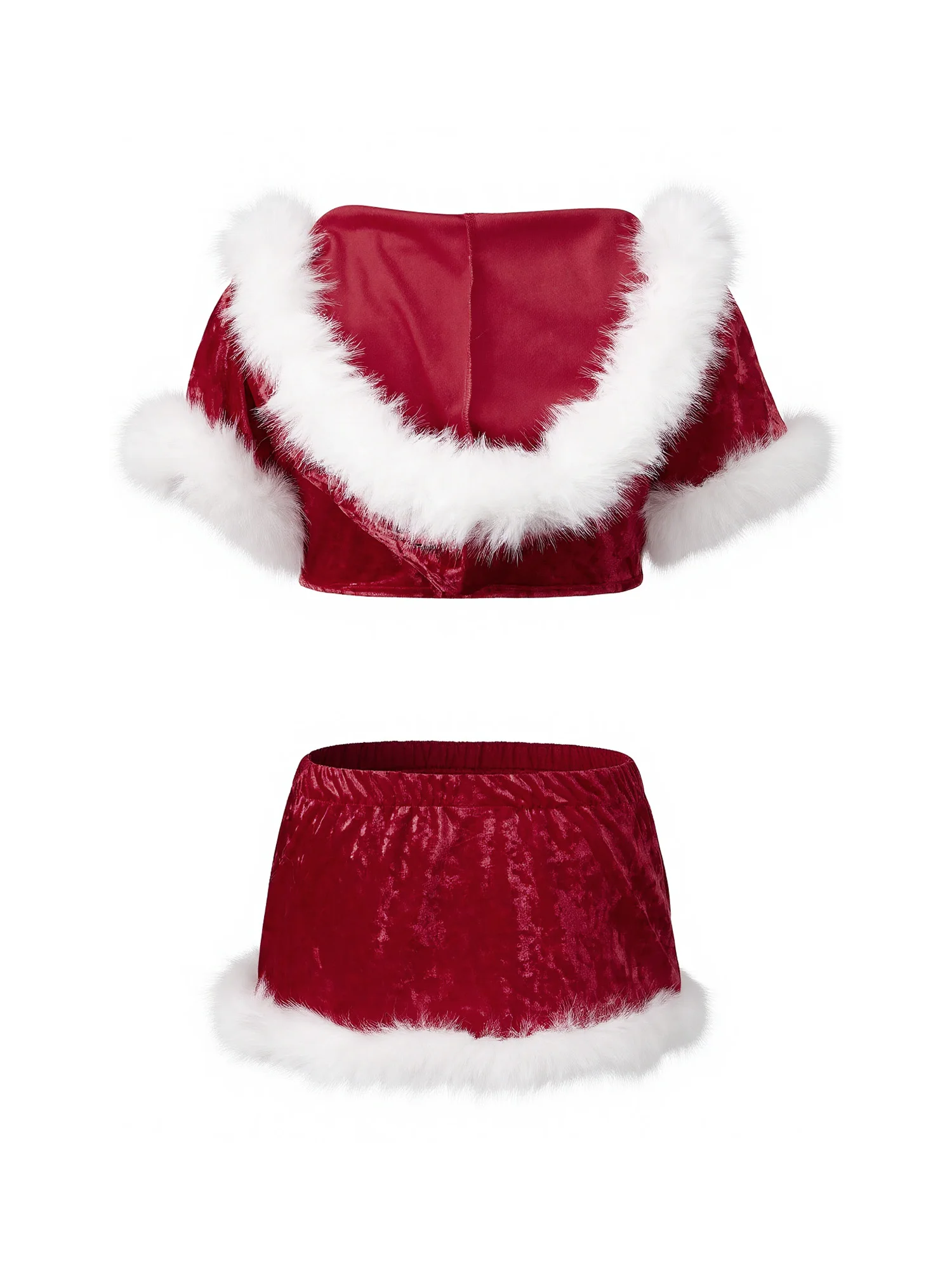 2Pcs Women s Christmas Lingerie Set Short Sleeve V Neck Hooded Plush Trim Decor Tops and Skirt Naughty Outfit