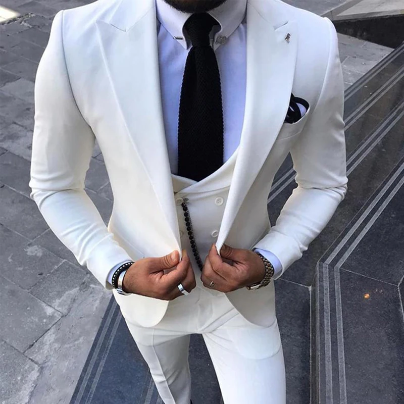 

White Slim Fit Prom Suits For Men With Double Breasted Waistcoat 3 Piece Wedding Tuxedo Male Fashion Jacket Pants 2021