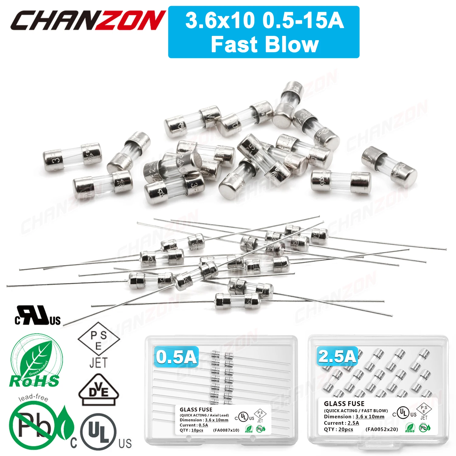 Fusibile Rapido Per Tubo Di Vetro A Colpo Rapido 3.6X10Mm 0.5A 1A 1.5A 2A 2.5A 3A 3.15A 5A 6.3A 10A 250V 125V 12V Fusibili Elettrici Assiali