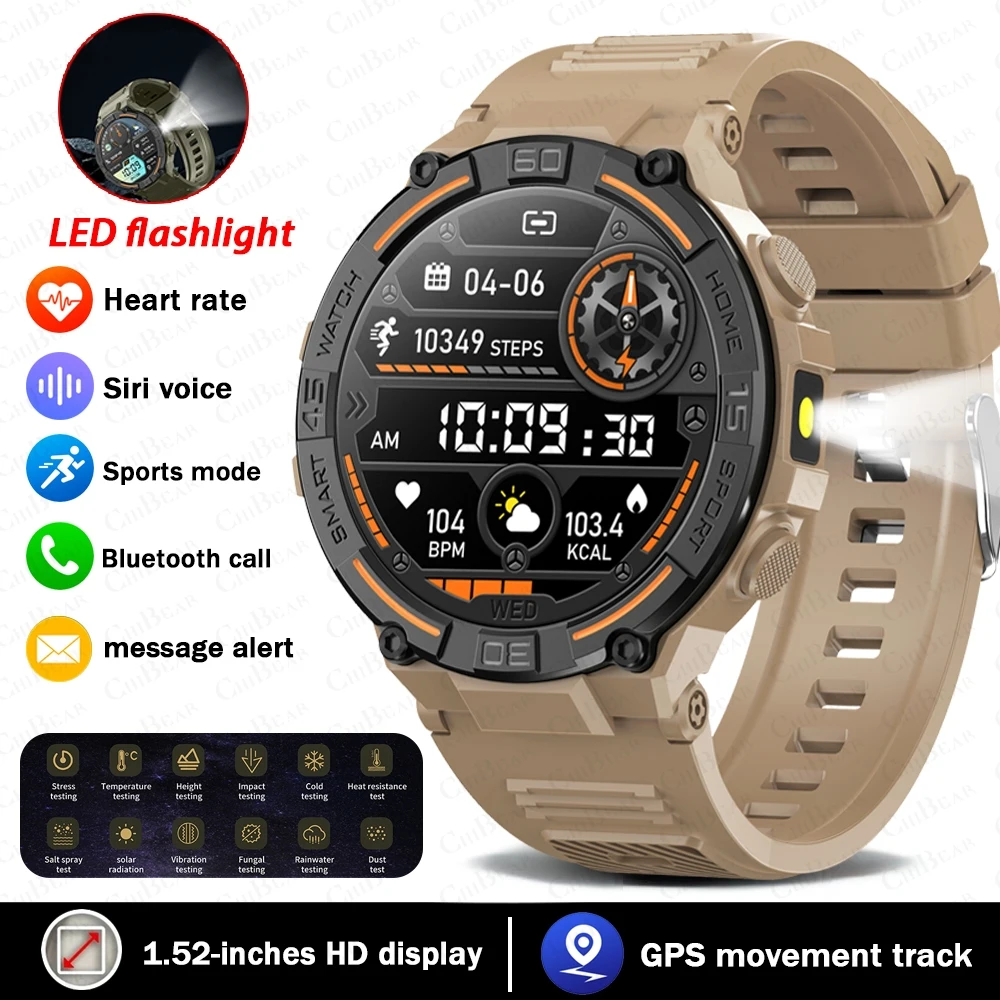 Smartwatch für Militärmänner 360*360 HD-Bildschirm Taschenlampe Gesundheitsmonitor Wasserdicht Herzfrequenz BT-Anruf Smartwatch