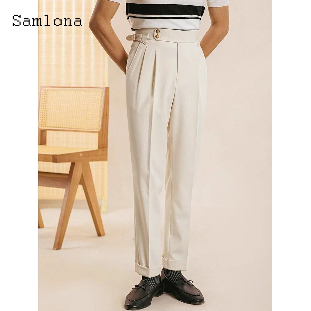 Men Elegant Formal Party Suits Pants Male Vintage Stand Pocket Ankle-Length Trousers European Fashion Buckle Up Suit Pants