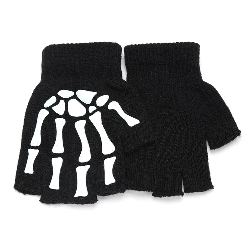 Skull Punk Gloves Black Neutral Half Finger Ghost Claw Knitted Gloves Exposed Finger Spot Nightlight Fingerless Elastic Gloves