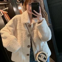 Women's Patchwork Faux Lamb Velvet Jacket Winter Casual Thickened Korean Style Heart Patterned All-Match Medium-Length Coat