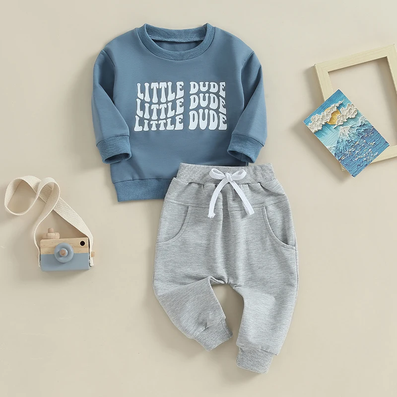 -09-09 Lioraitiin 0-3Y Baby Boy 2Pcs Fall Outfits Long Sleeve Letter Print Pullover + Pocket Pants Set Toddler Clothes