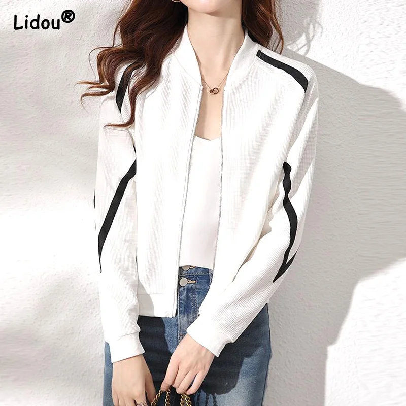 Women's Clothing Slim Streetwear Jackets Zippe Coats Pockets Stand Tops Office Lady Simple Leisure Sports Splicing Simple