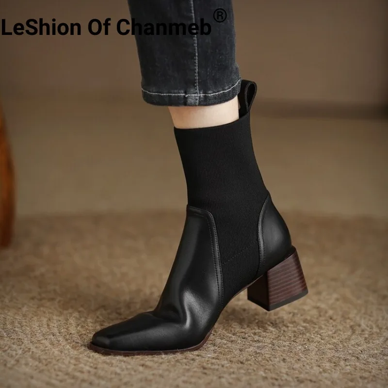 

Женские ботинки челси LeShion Of Chanmeb из натуральной кожи, зимние ботинки-носки на среднем блочном каблуке, взрослые женские ботинки с квадратным носком, модель 42