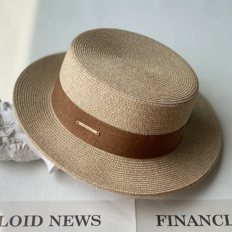 

Luna&Dolphin Women Summer UV CUT Flat Top Sun Hat Hair Band Cap Black Coffee Ribbon Nature Seaside Vacation Sunscreen Beach Hat